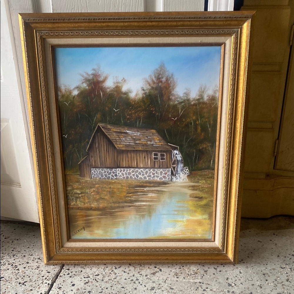Rustic Landscape Painting with Gold Frame